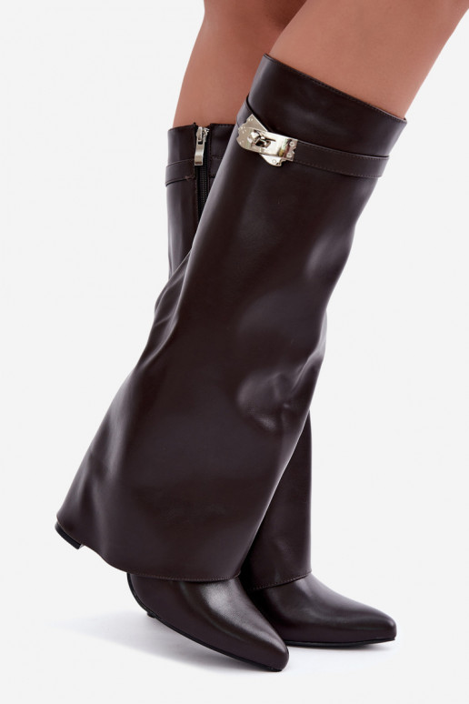 Wärmende Damenstiefel mit genähtem Schaft und Absätzen schokoladenbraun Salia