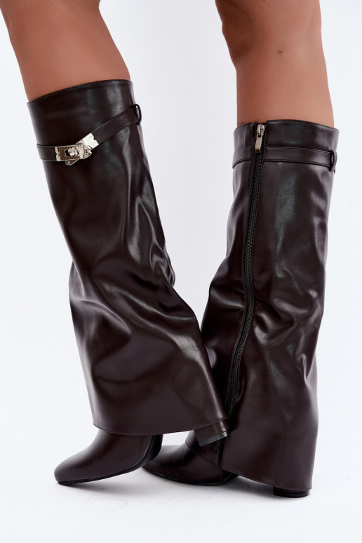 Wärmende Damenstiefel mit genähtem Schaft und Absätzen schokoladenbraun Salia