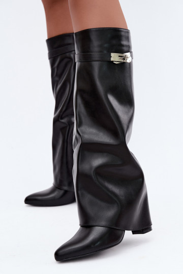 Wärmende Damenstiefel mit genähtem Schaft und Absätzen schwarz Salia 2