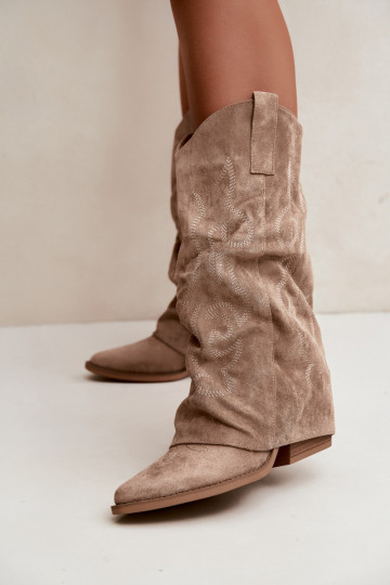 Falten cowboy-stil kniehohe Stiefel mit Absätzen und genähtem Schaft sandfarben Ives 2