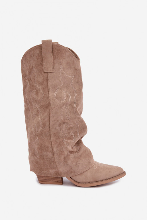 Falten cowboy-stil kniehohe Stiefel mit Absätzen und genähtem Schaft sandfarben Ives
