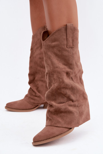 Falten cowboy-stil kniehohe Stiefel mit Absätzen und genähtem Schaft braun Ives 2