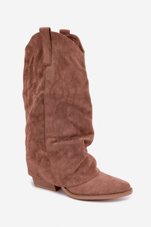 Falten cowboy-stil kniehohe Stiefel mit Absätzen und genähtem Schaft braun Ives