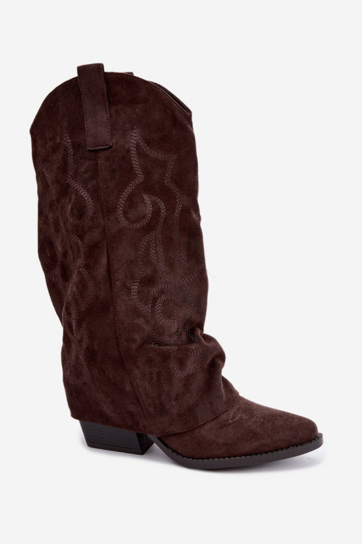 Falten cowboy-stil kniehohe Stiefel mit Absätzen und genähtem Schaft schokoladenbraun Ives