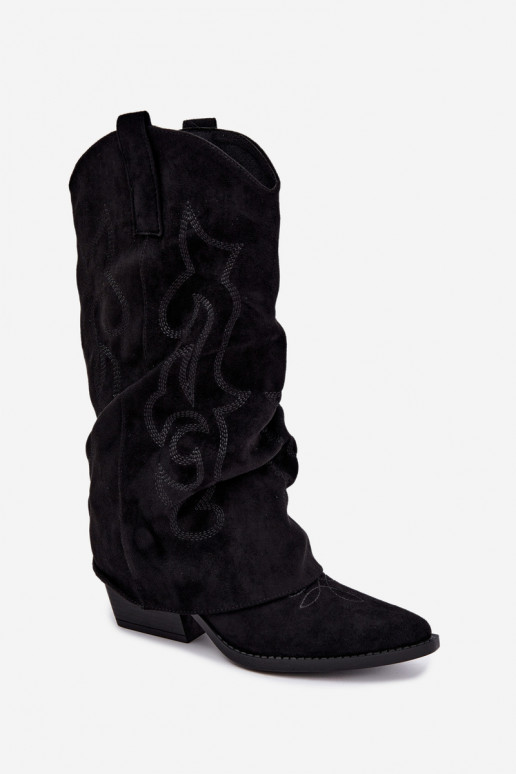Falten cowboy-stil kniehohe Stiefel mit Absätzen und genähtem Schaft schwarz Ives