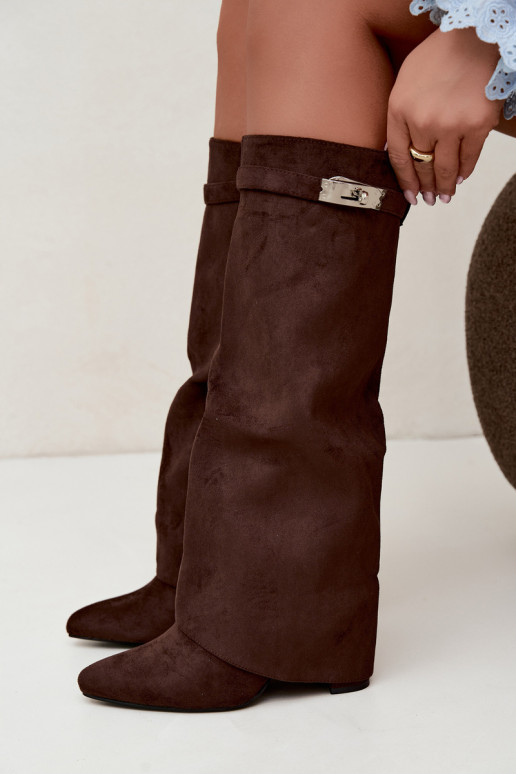 Wärmende Damenstiefel mit genähtem Schaft und Absätzen schokoladenbraun Salia