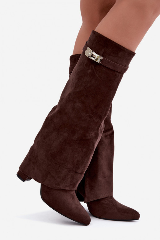 Wärmende Damenstiefel mit genähtem Schaft und Absätzen schokoladenbraun Salia