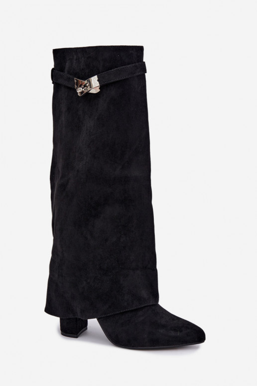 Wärmende Damenstiefel mit genähtem Schaft und Absätzen schwarz Salia