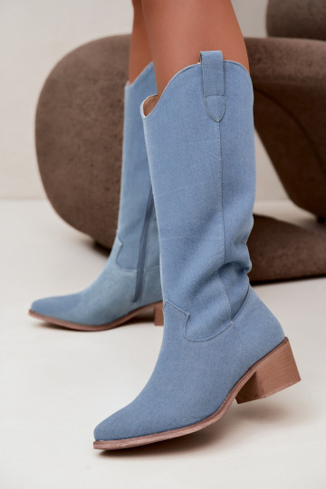 Damen-Kniehohe Cowboy-Stiefel mit Absatz aus Denim Zareya