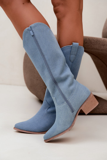 Damen-Kniehohe Cowboy-Stiefel mit Absatz aus Denim Zareya 2