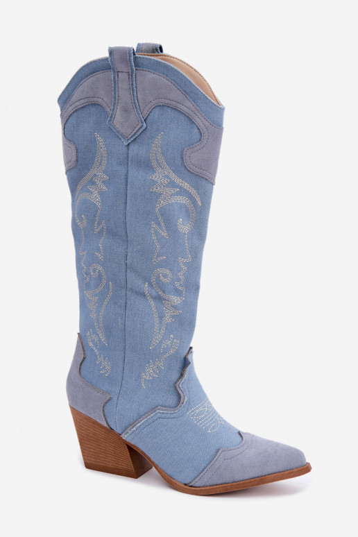Damen-Kniehohe Cowboy-Stiefel mit Absatz aus Denim Talora