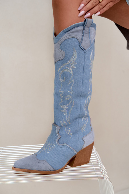 Damen-Kniehohe Cowboy-Stiefel mit Absatz aus Denim Talora