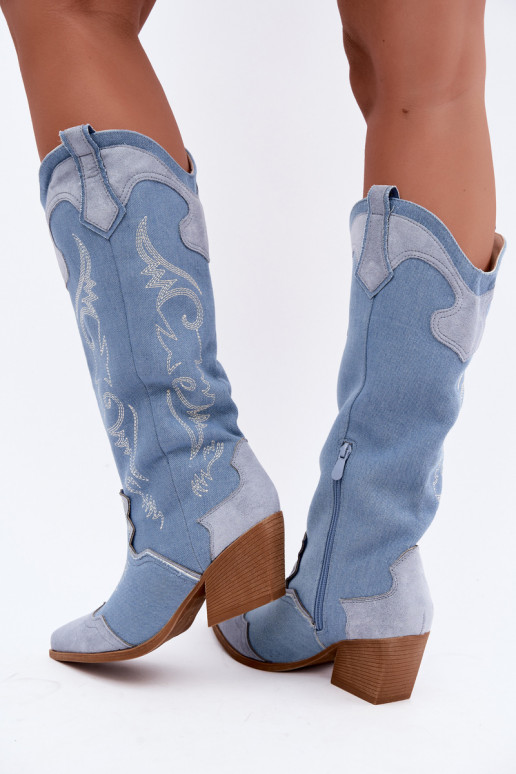 Damen-Kniehohe Cowboy-Stiefel mit Absatz aus Denim Talora