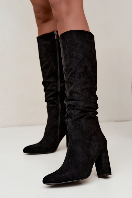 Damen isolierte Kniehohe Stiefel mit Absatz und Rüschen in Schwarz Imelia