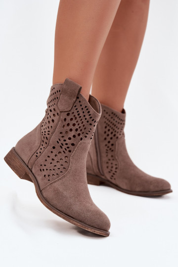 Sandfarbene durchbrochene Stiefeletten mit breiten Absätzen Amisna 2