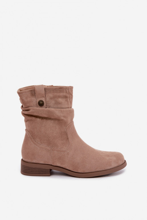 Wärmende Stiefeletten mit Rüschen und breiten Absätzen, sandfarben