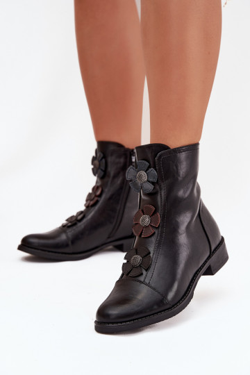 Wärmende Damen-Stiefeletten mit breiten Absätzen und Blumenmotiven in schwarzer Farbe Pravienne 2