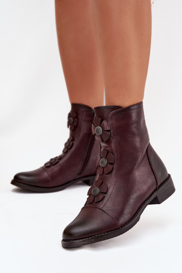 Wärmende Damen-Stiefeletten mit breiten Absätzen und Blumenmotiven in burgunder Farbe Pravienne 2