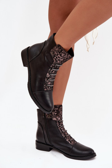 Wärmende Damen-Stiefeletten mit breiten Absätzen und Blumenmotiven in schwarzer Farbe Labise