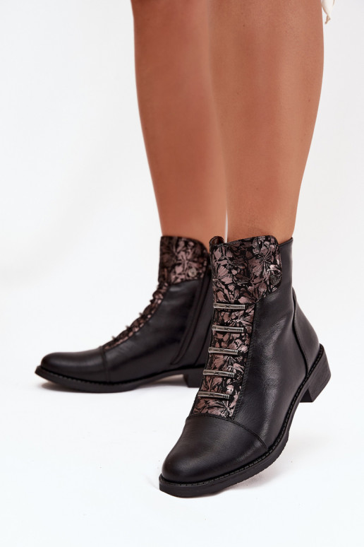 Wärmende Damen-Stiefeletten mit breiten Absätzen und Blumenmotiven in schwarzer Farbe Labise