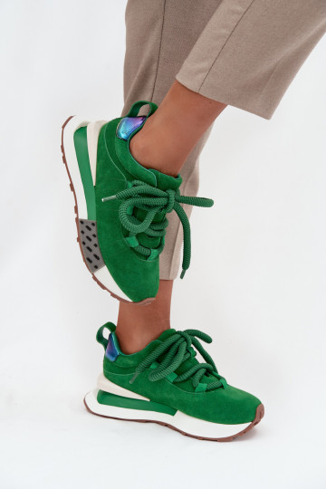 Kunstveloursleder-Damensneaker mit Plateau und dicken Schnürsenkeln in Grün Artiker 55C0136