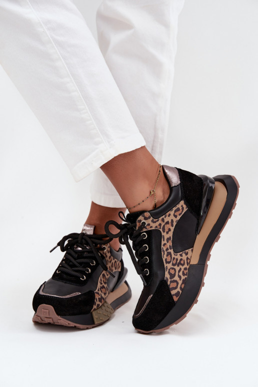 Leder-Damensneaker mit Plateau und Leopardenmuster in Schwarz Artiker 55C0134