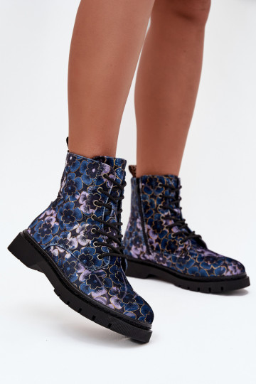 Warme Damenstiefeletten mit Blumen in Dunkelblau Artiker 57C1052 2