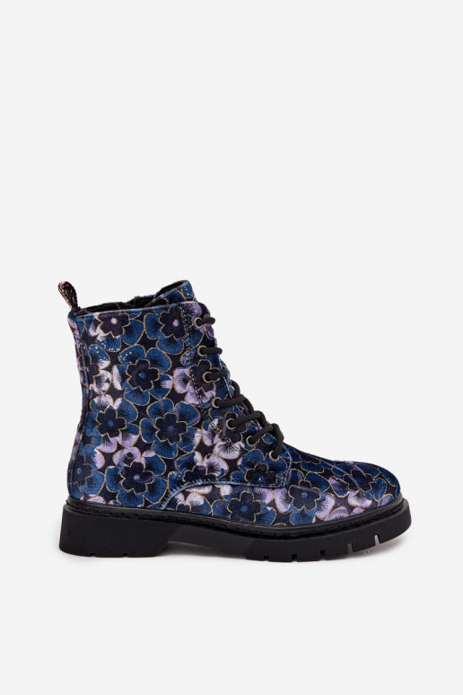 Warme Damenstiefeletten mit Blumen in Dunkelblau Artiker 57C1052