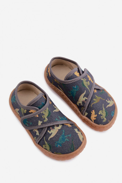 Kinderhausschuhe für Jungen mit Klettverschlüssen Barefoot Dinozaurai Froddo G1700438-26 in Grau
