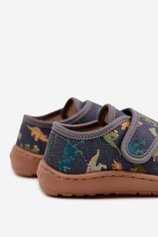 Kinderhausschuhe für Jungen mit Klettverschlüssen Barefoot Dinozaurai Froddo G1700438-26 in Grau