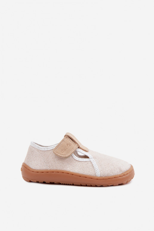 Kinderhausschuhe mit Klettverschlüssen und Glanz Barefoot Froddo Canvas G1700439-3 in Gold