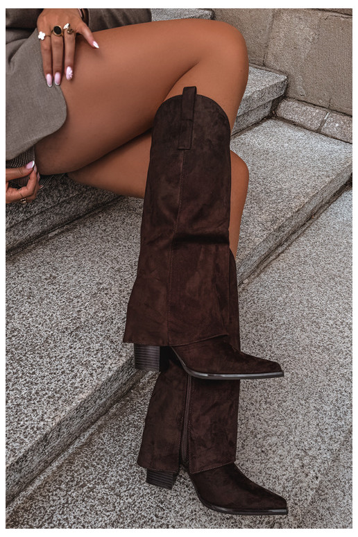 Warmes Cowboy-Stil Kniehohe Stiefel mit Absätzen und genähtem Schaft CzekoladoĮe Julena