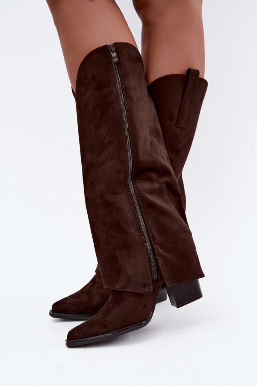 Warmes Cowboy-Stil Kniehohe Stiefel mit Absätzen und genähtem Schaft CzekoladoĮe Julena