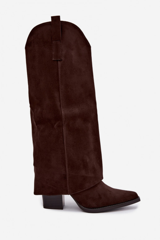 Warmes Cowboy-Stil Kniehohe Stiefel mit Absätzen und genähtem Schaft CzekoladoĮe Julena