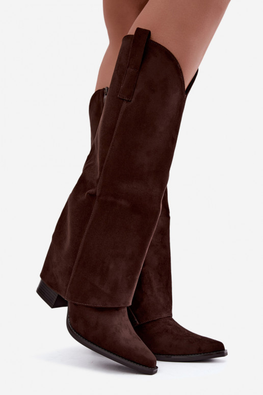 Warmes Cowboy-Stil Kniehohe Stiefel mit Absätzen und genähtem Schaft CzekoladoĮe Julena