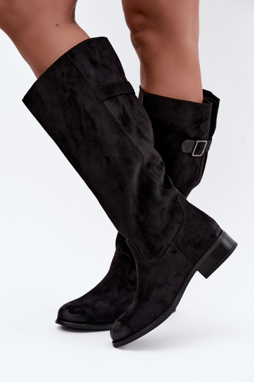 Damen lange Stiefel mit breiten Absätzen und Schnallen in schwarzer Farbe Farela