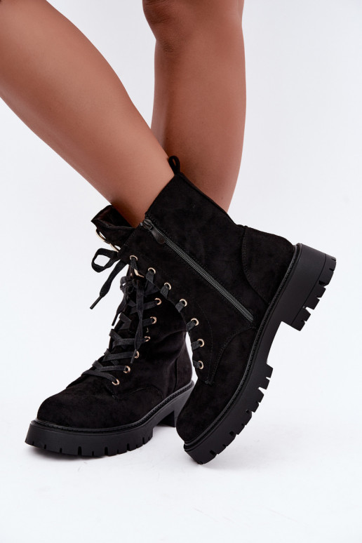 Wärmende Damen-Stiefeletten mit Wildlederornamenten, schwarz Falira