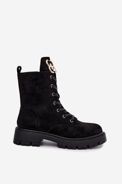 Wärmende Damen-Stiefeletten mit Wildlederornamenten, schwarz Falira