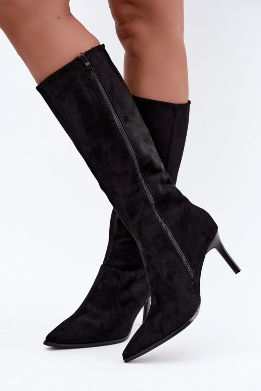 Wärmende hohe Stiefel mit hohen Absätzen, schwarz Taelia