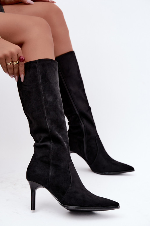 Wärmende hohe Stiefel mit hohen Absätzen, schwarz Taelia
