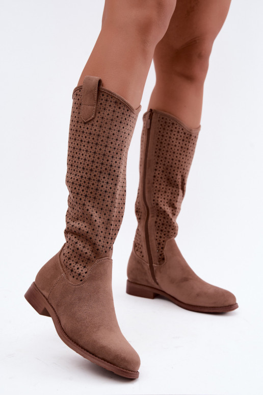 Lange Stiefel mit Ausschnittschaft und breiten Absätzen S.Barski HY62-8144 braun