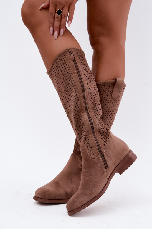 Lange Stiefel mit Ausschnittschaft und breiten Absätzen S.Barski HY62-8144 braun