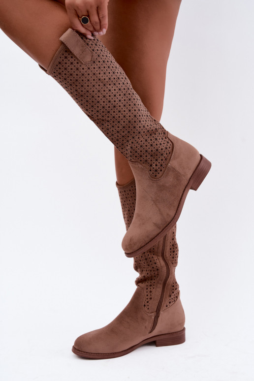 Lange Stiefel mit Ausschnittschaft und breiten Absätzen S.Barski HY62-8144 braun
