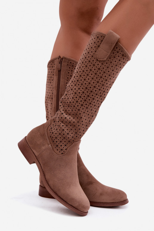 Lange Stiefel mit Ausschnittschaft und breiten Absätzen S.Barski HY62-8144 braun