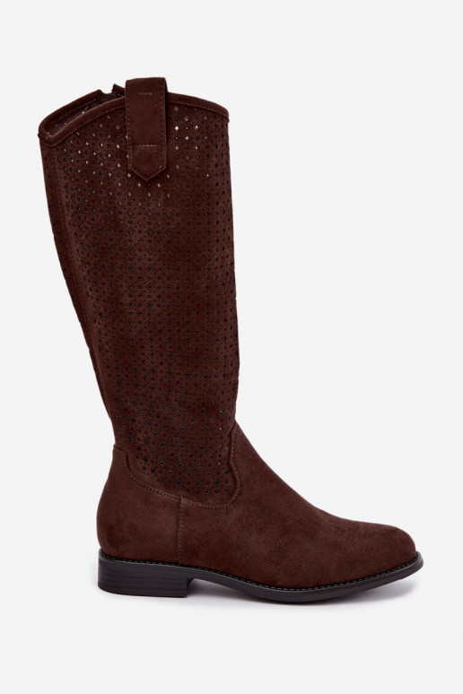 Hohe Stiefel mit Ausschnitten und breiten Absätzen, braun