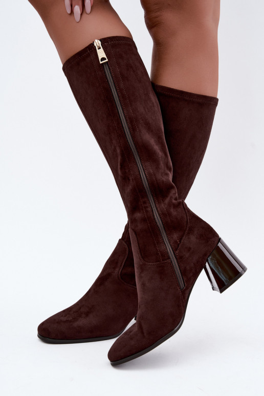 Damen lange Veloursleder-Stiefel mit Absätzen Vinceza 58697 schokoladenbraun