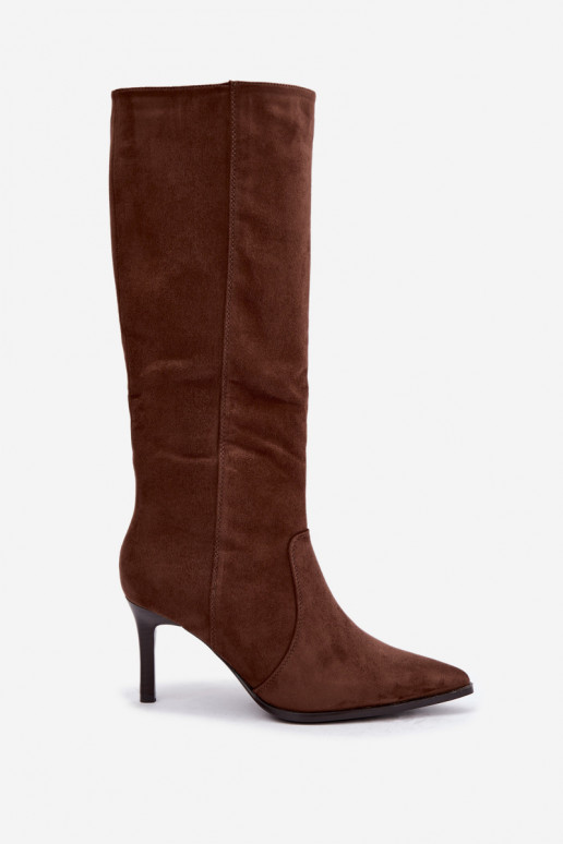 Warme braune kniehohe Stiefel mit Absatz Taelia