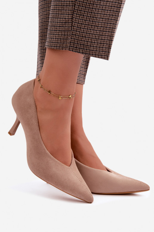 Sandfarbene hochhackige Schuhe mit dekorativer Stickerei Sedria