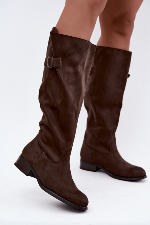 Khaki Damen-Stiefel mit breiten Absätzen und Schnallen Farela