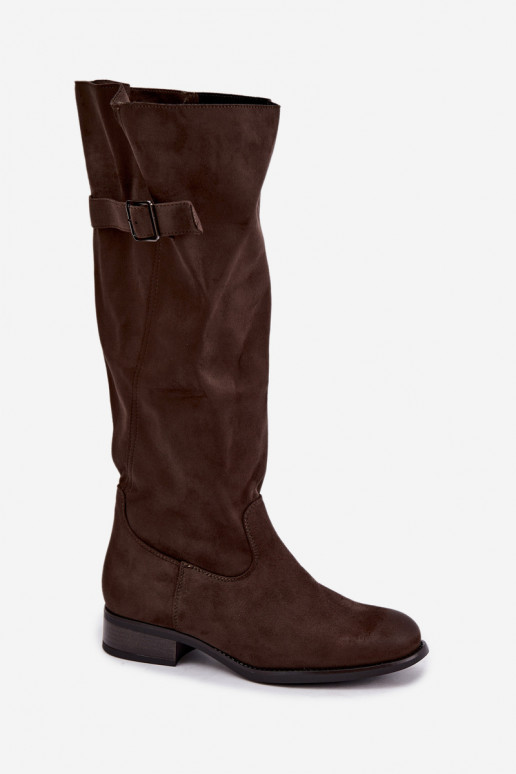 Khaki Damen-Stiefel mit breiten Absätzen und Schnallen Farela